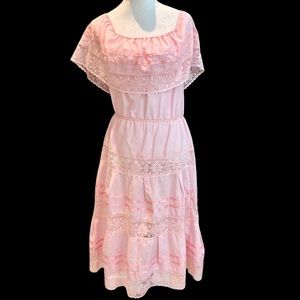 Vintage Light Pink Peasant Dress with Lace and Ribbon Trim M/L